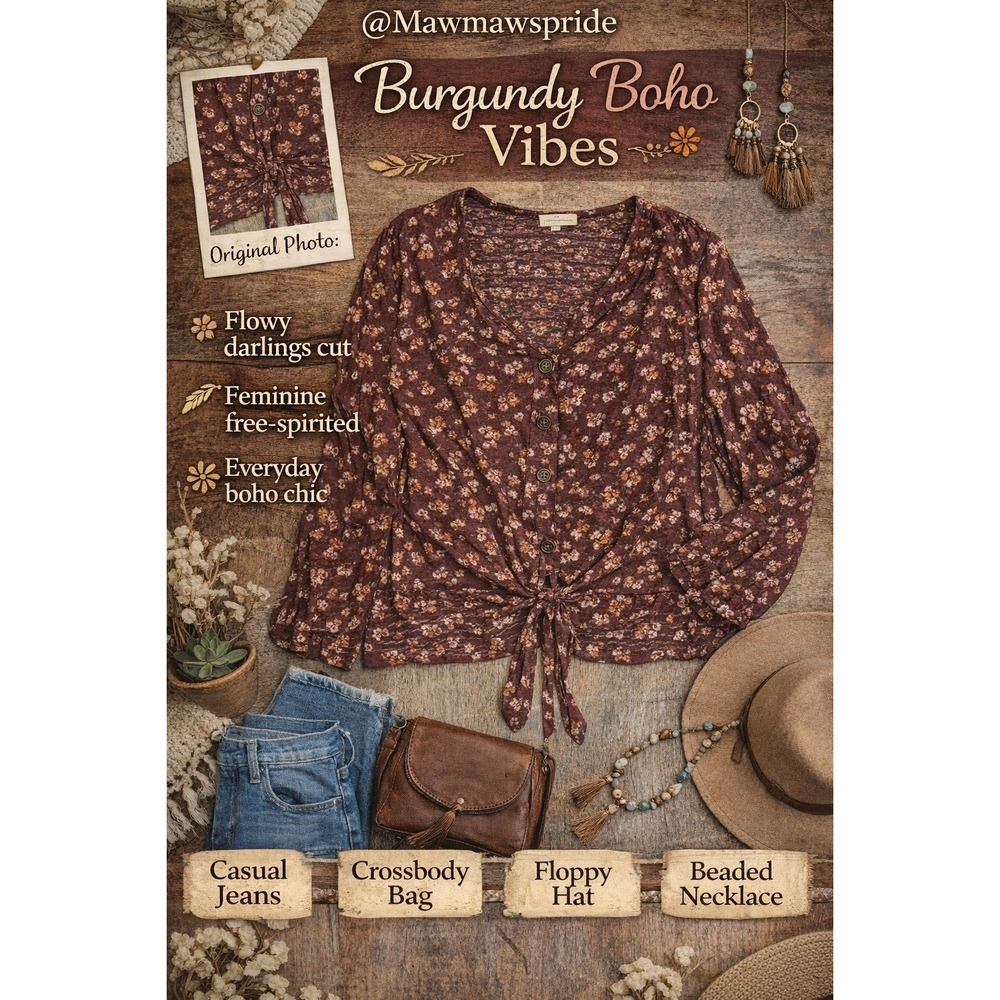 Burgundy Floral Boho Chic Flowy feminine free spirit sultry professional‎ 1X
